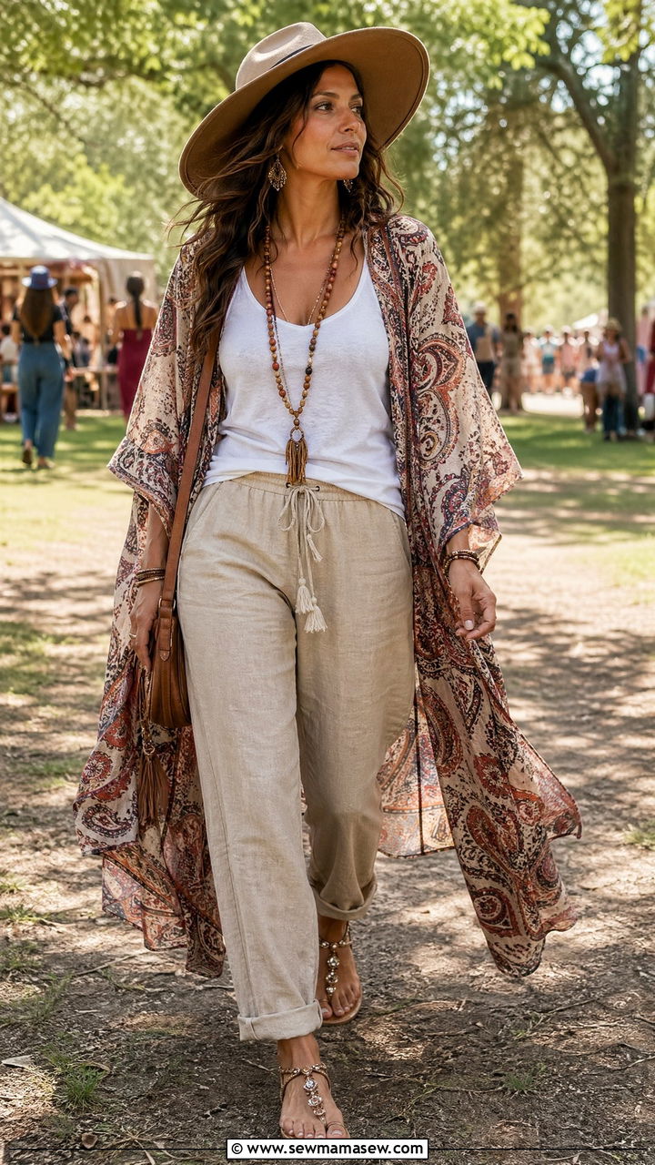 Linen Pants With Long Printed Kimono - 35 cute linen pants outfits