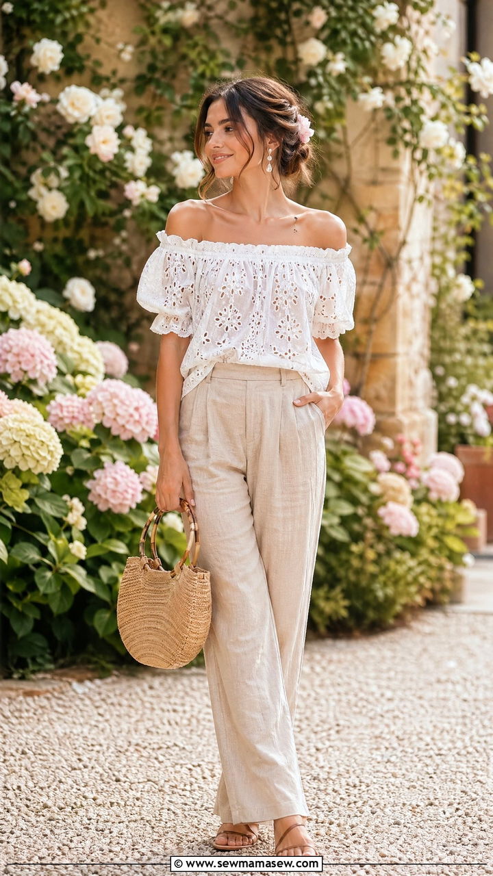 Linen Pants With Off Shoulder Blouse - 35 cute linen pants outfits