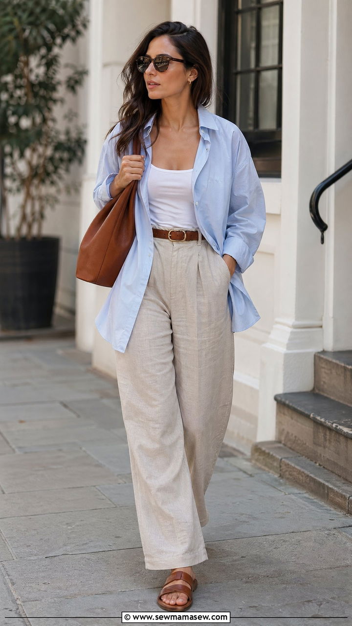 Linen Pants With Oversized Poplin Shirt - 35 cute linen pants outfits
