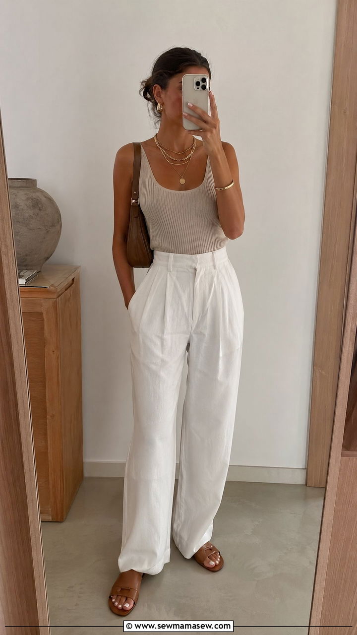 Linen Pants With Ribbed Tank And Gold Chains - 35 cute linen pants outfits