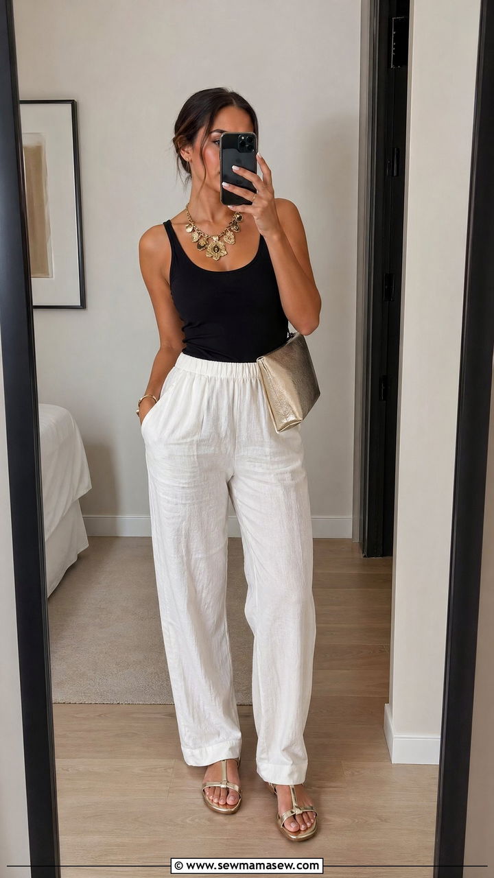 Linen Pants With Tank Top And Statement Necklace - 35 cute linen pants outfits
