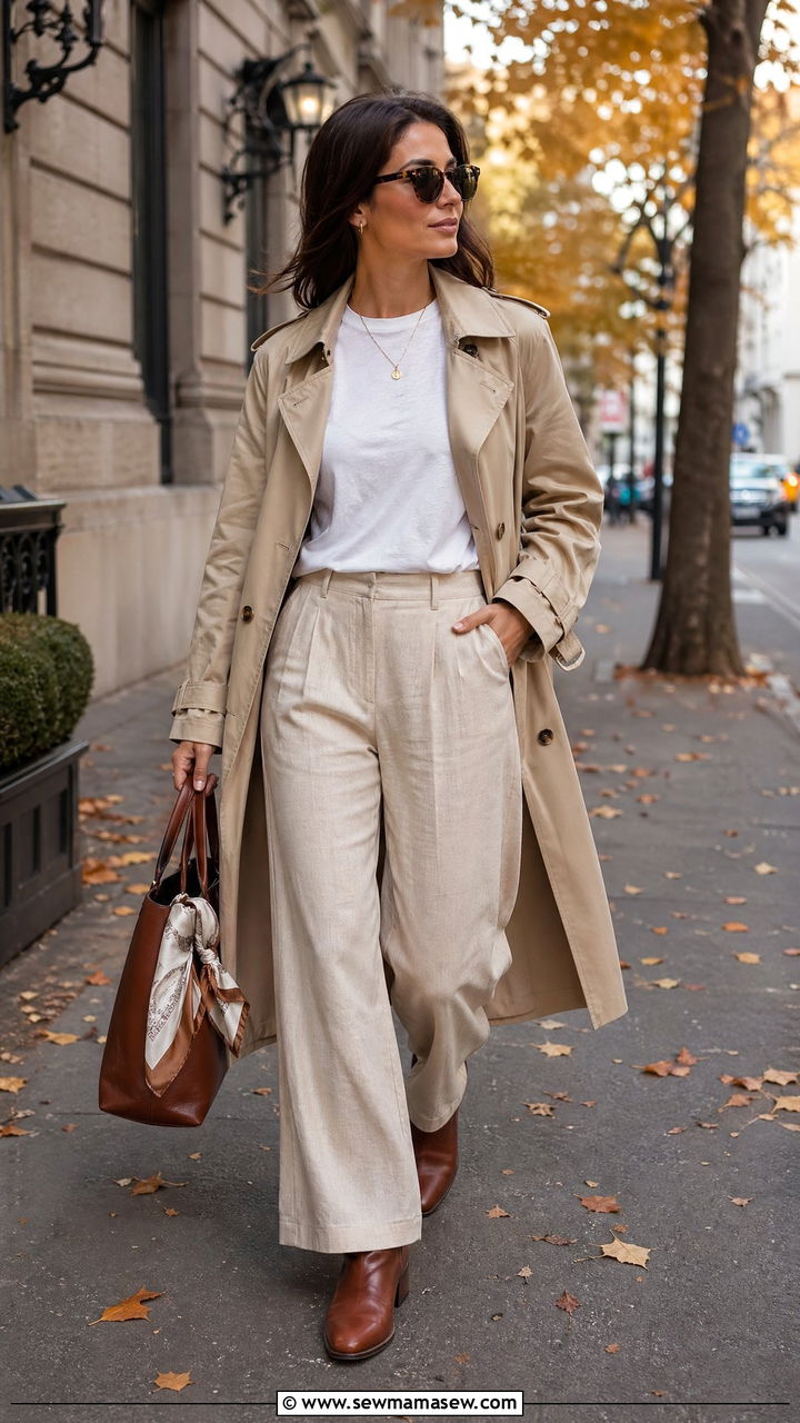 Linen Pants With Trench Coat For Fall Transition - 35 cute linen pants outfits