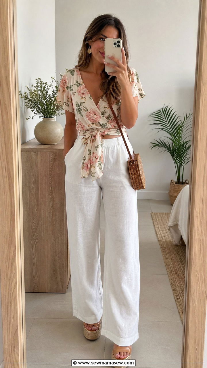 Linen Pants With Wrap Top And Wedges - 35 cute linen pants outfits