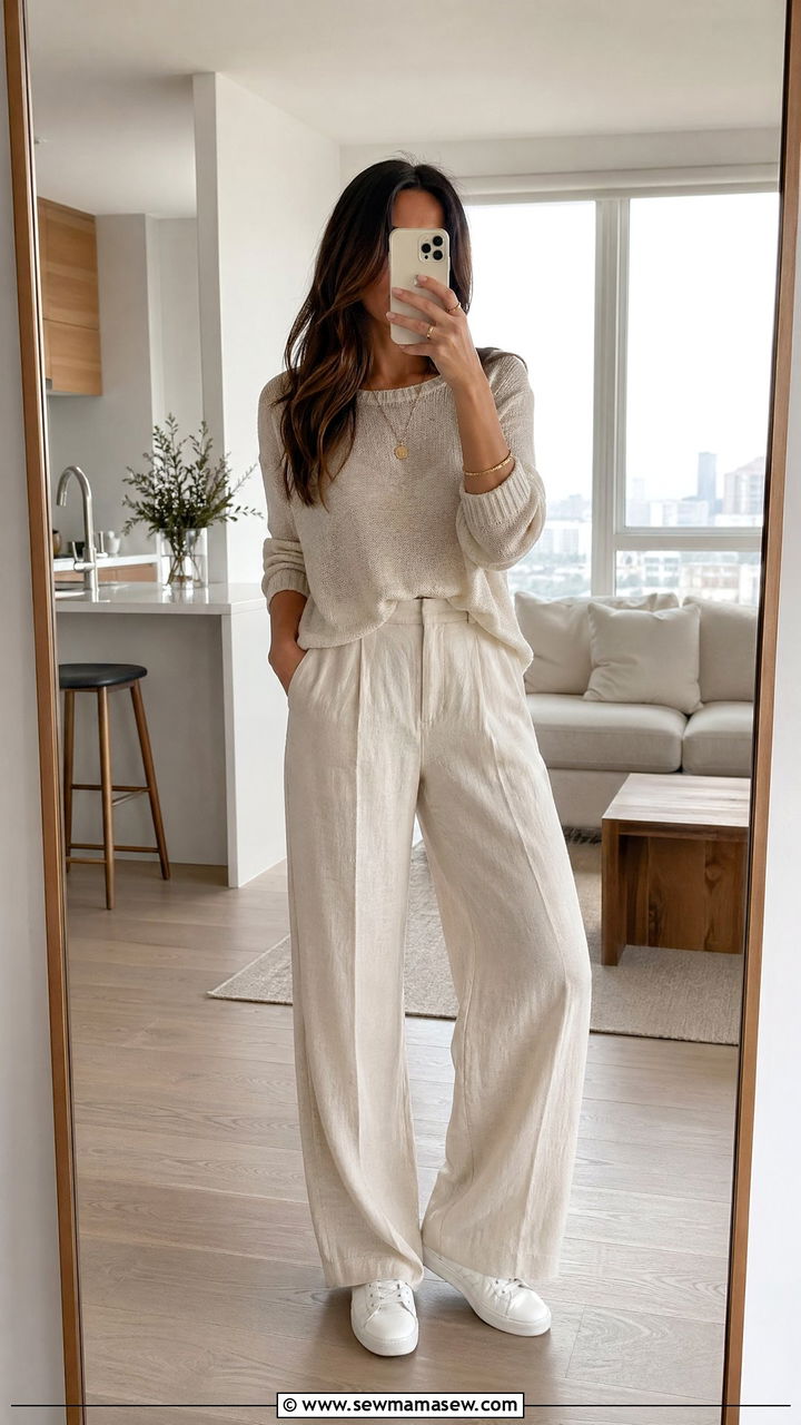 Linen Pants With a Tissue Weight Knit Sweater and Sneakers - 35 Summer to fall transition outfits