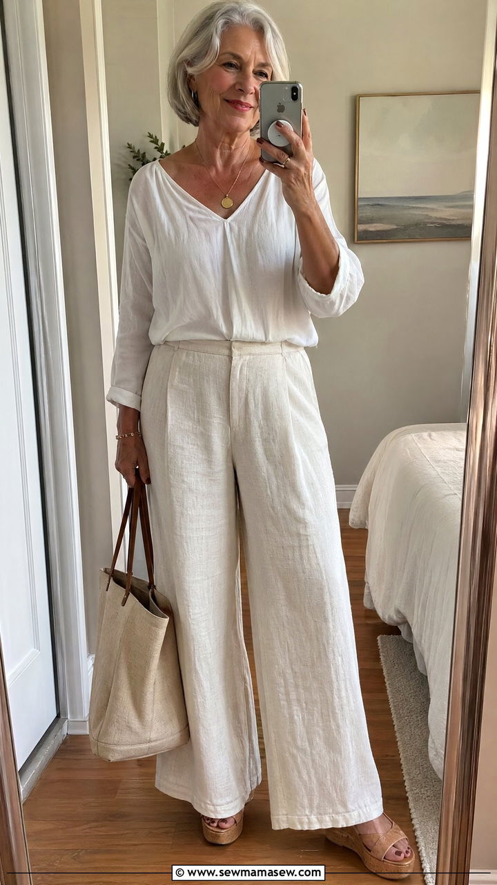 Linen Pants and Cotton Blouse Outfit - 35 Summer outfits for women over 60