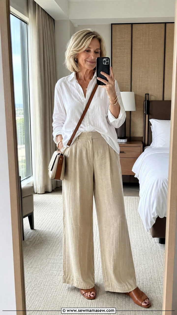 Linen Pants and a Cotton Blouse - 35 Vacation outfit ideas for women over 60