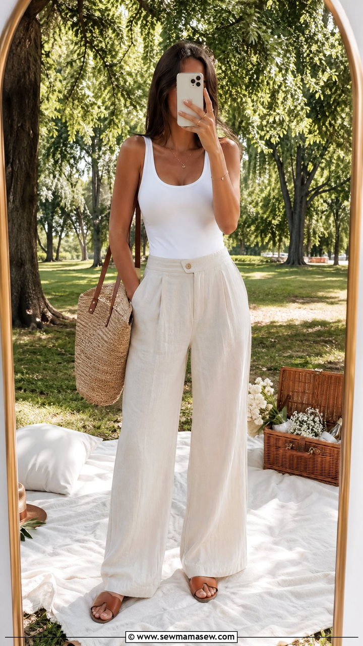 Linen Pants with Fitted Tank Top - 35 Spring picnic outfit ideas