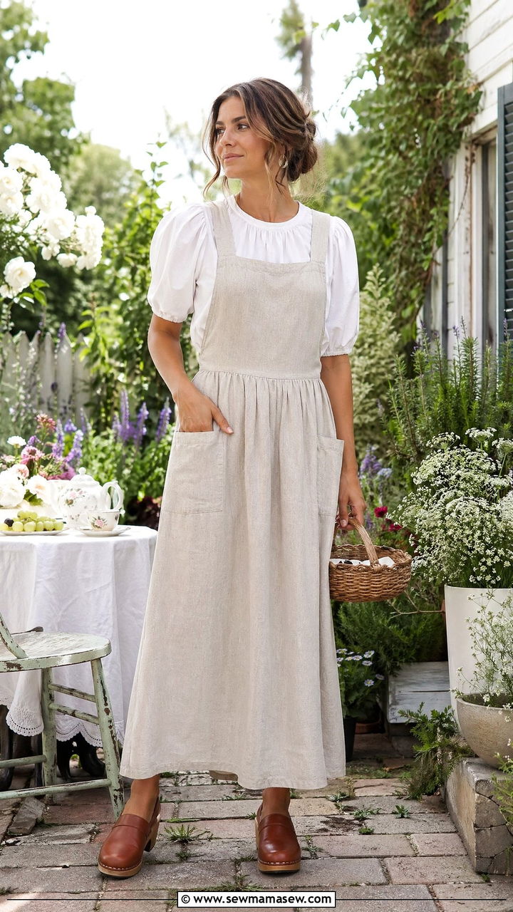 Linen Pinafore Dress Over A Puff Sleeve Blouse - 35 summer cottagecore outfit ideas