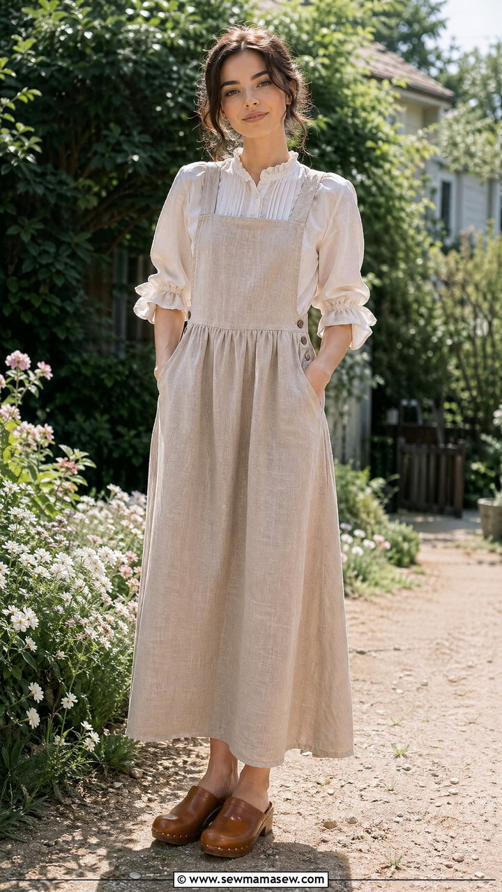 Linen Pinafore Over Ruffled Blouse With Clogs - 35 Cottagecore outfit ideas