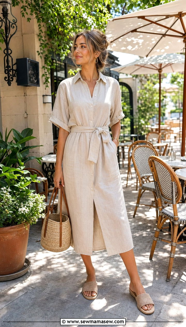 Linen Shirt Dress and Slide Sandals Outfit - 30 70 degree weather outfits