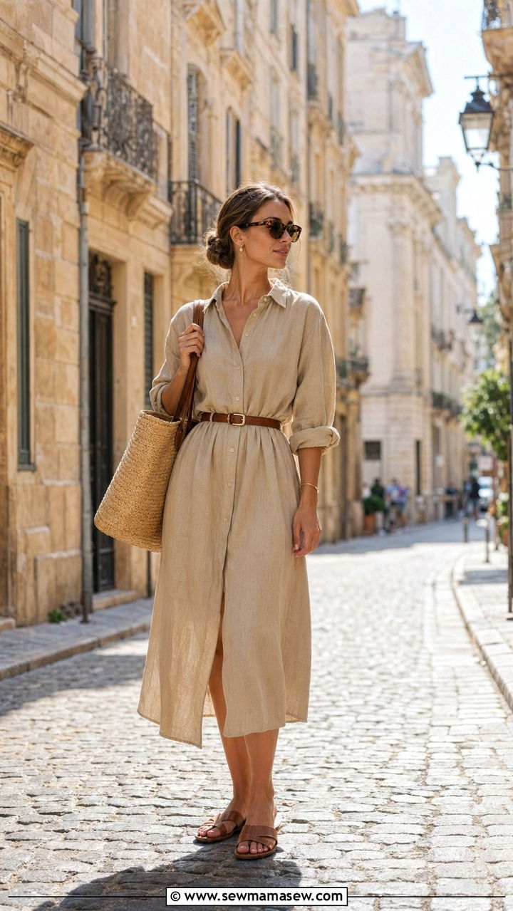 Linen Shirt Dress with Flat Leather Sandals - 35 Old money summer outfits