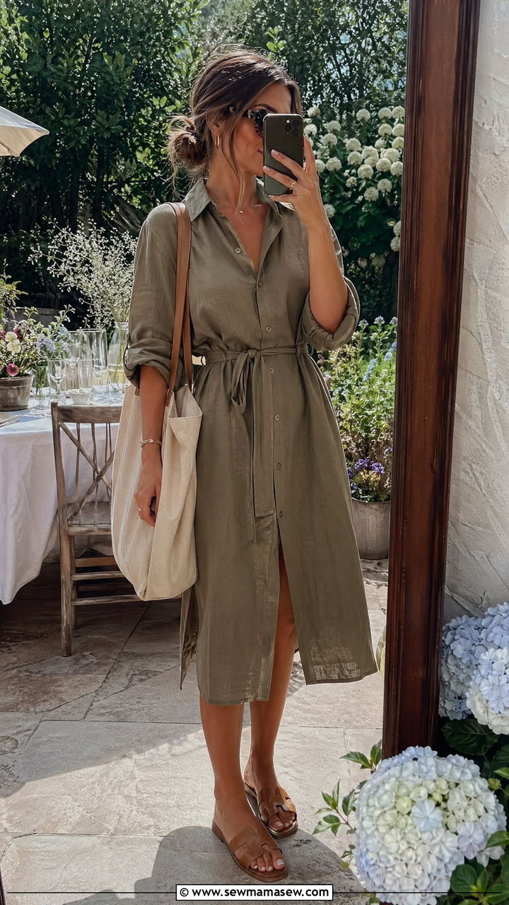 Linen Shirt Dress with Tan Sandals - 35 Summer garden party outfits