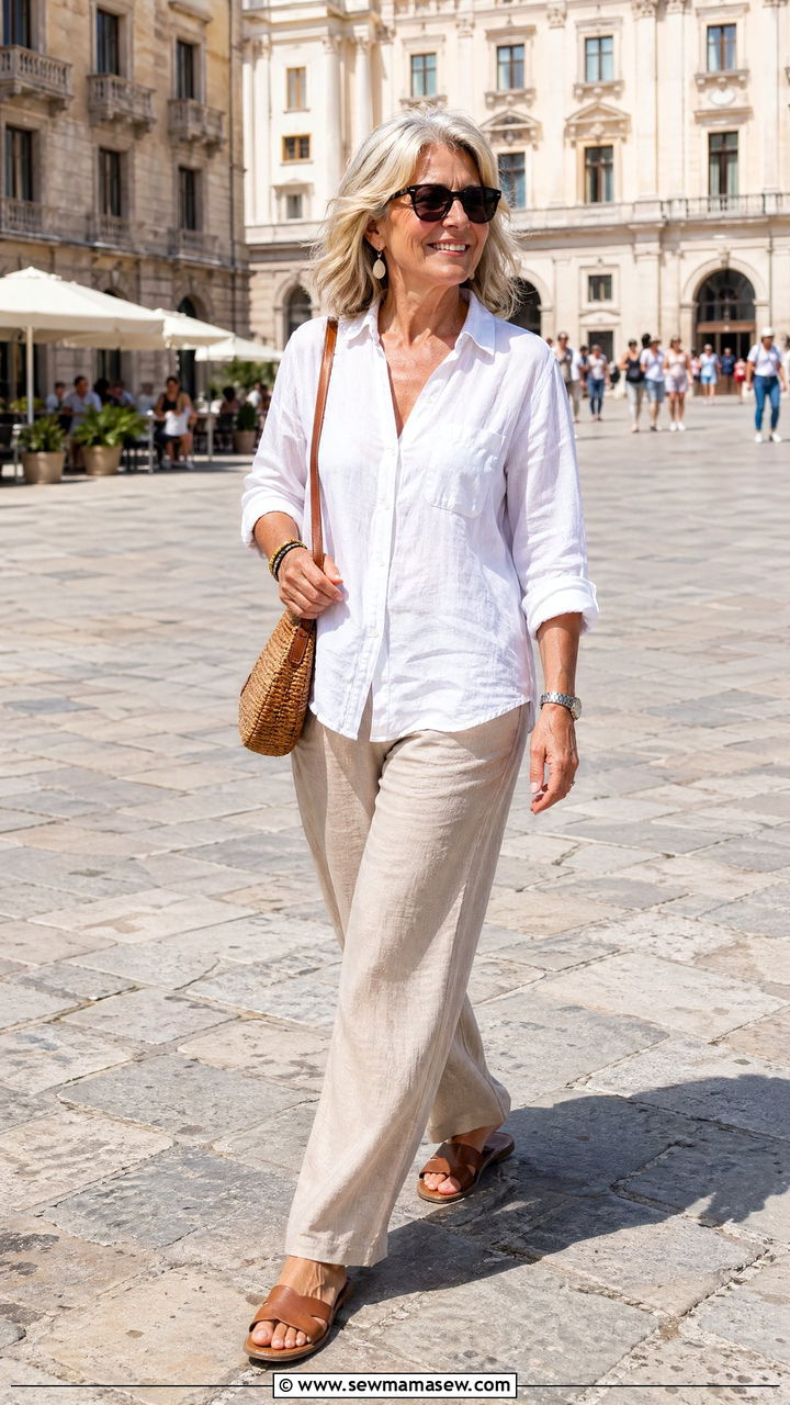 Linen Shirt With Relaxed Trousers For European City Break - 35 Travel outfits for women over 50