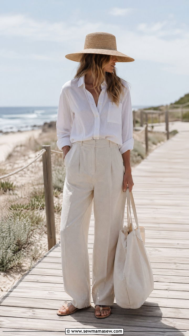 Linen Shirt with Linen Trousers and Flat Sandals - 35 simple outfit ideas for women