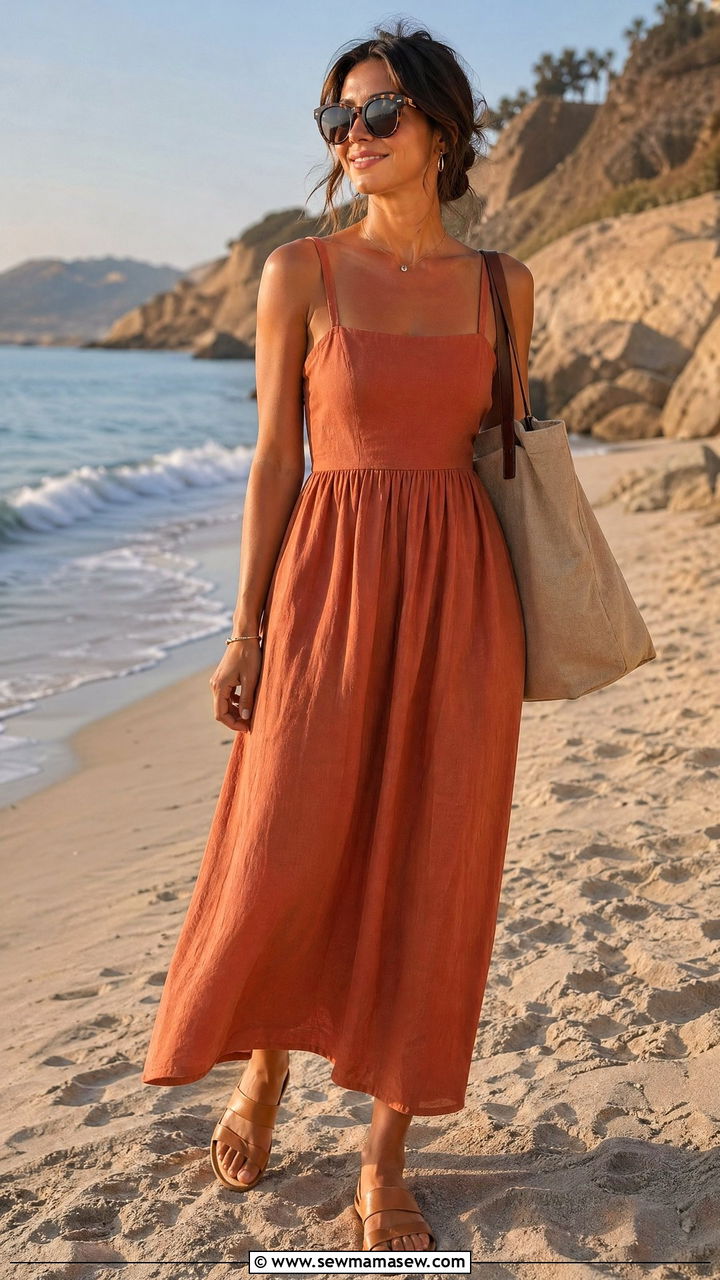Linen Sundress with Flat Sandals - 35 casual summer wedding guest outfits