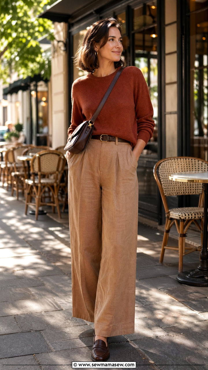 Linen Trousers With Fine Knit Cashmere Sweater And Leather Loafers - 35 classy summer to fall outfits