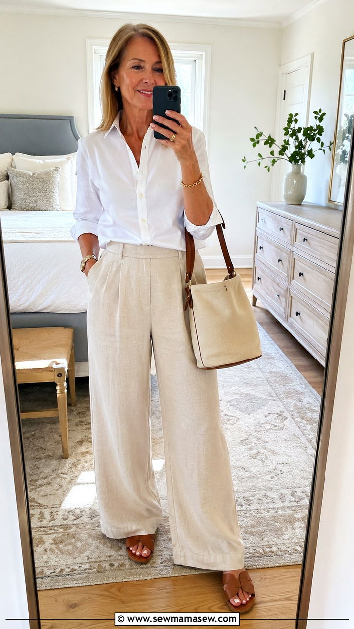 Linen Trousers With White Button Down Shirt Spring Outfit Over 50 - 30 Spring capsule wardrobe over 50