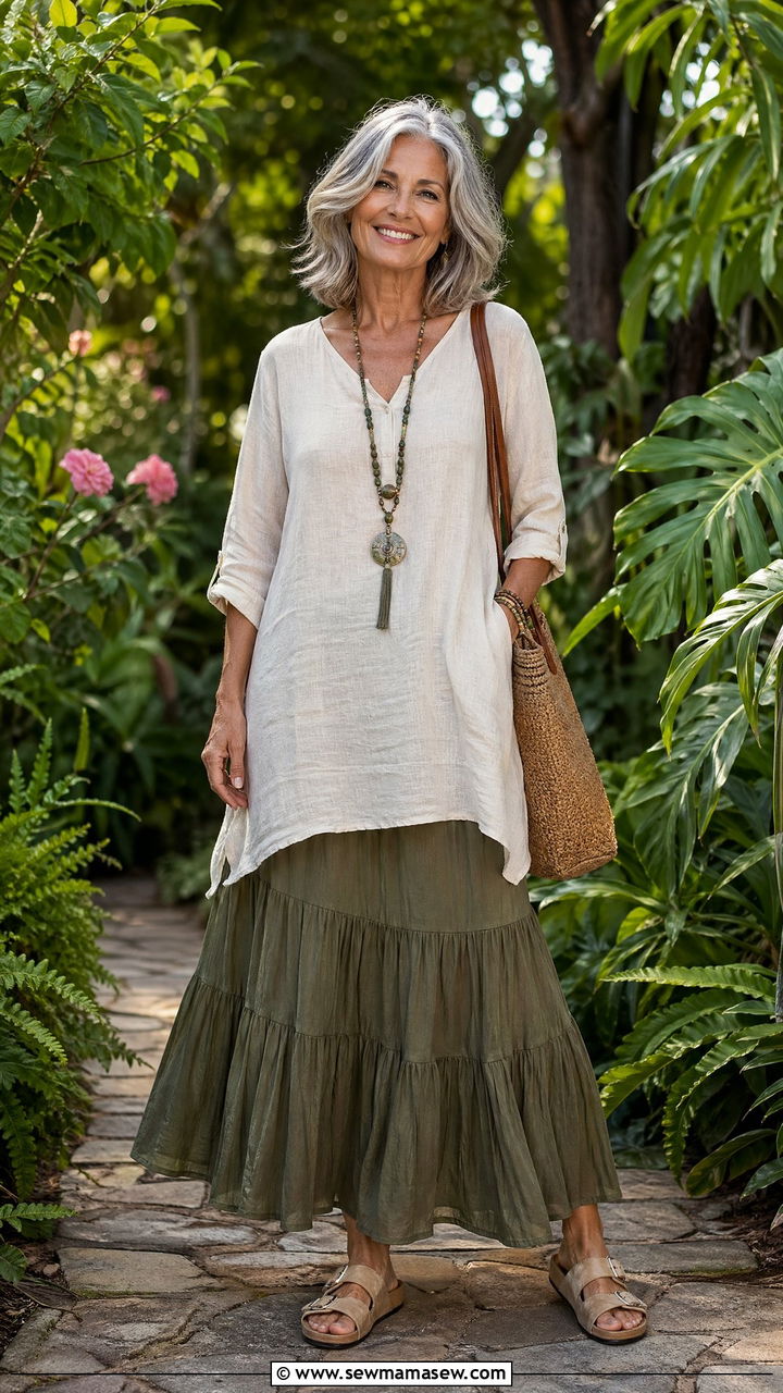Linen Tunic Over a Soft Olive Tiered Maxi Skirt - 35 Skirt outfit ideas for women over 60