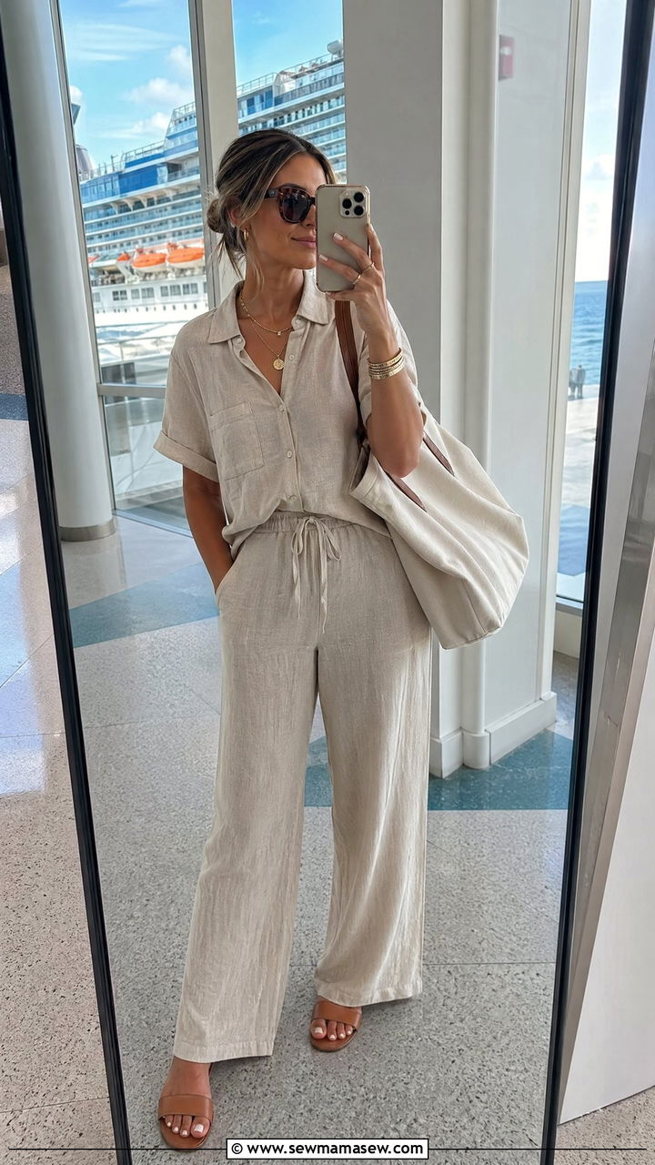 Linen Two Piece Set With Flat Sandals - 35 summer cruise outfit ideas