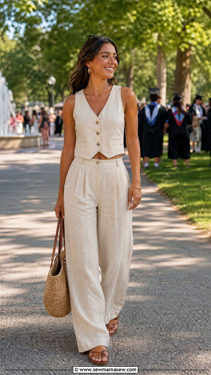 Linen Two Piece Set With Flat Sandals - 35 summer graduation outfit ideas
