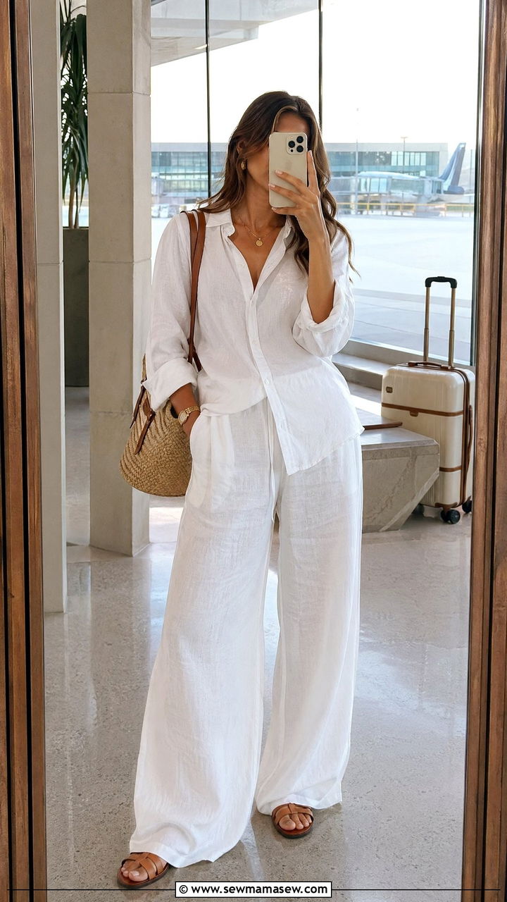 Linen Two Piece Set With Sandals Or Sneakers - 35 classy airport outfits