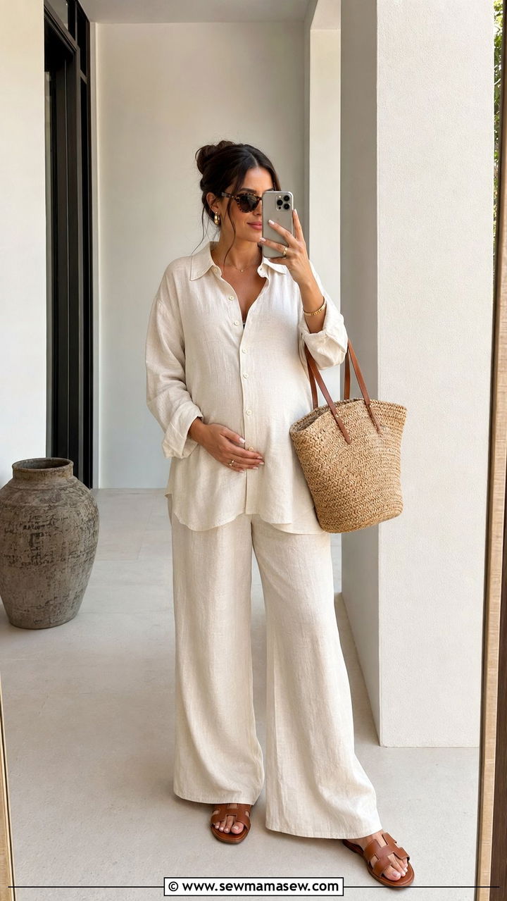 Linen Two Piece Set with Flat Sandals - 30 what to wear to a baby shower