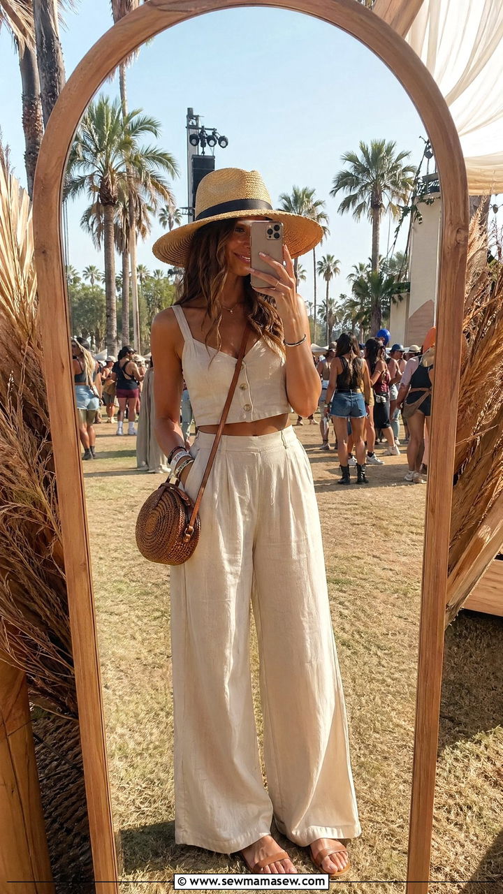 Linen Two Piece Set with Straw Hat and Flat Sandals - 35 cute music festival outfits