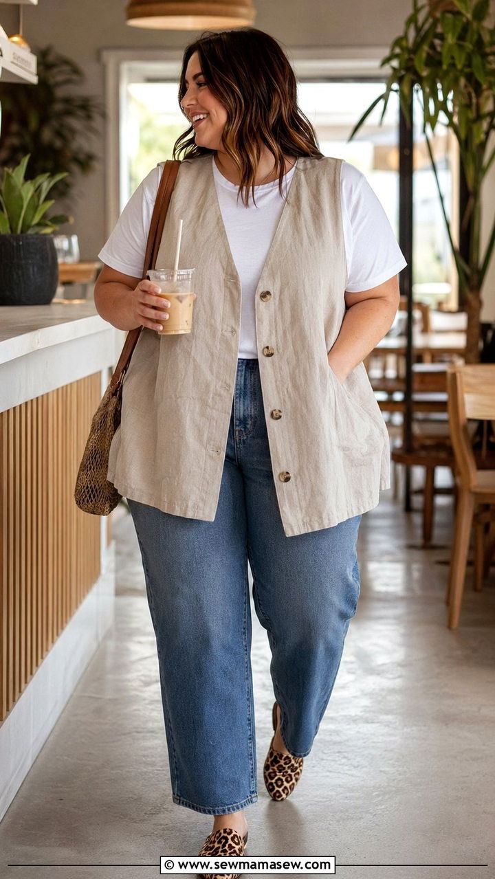 Linen Vest And Straight Leg Jeans Summer Outfit - 35 Plus size outfit ideas size 20 summer
