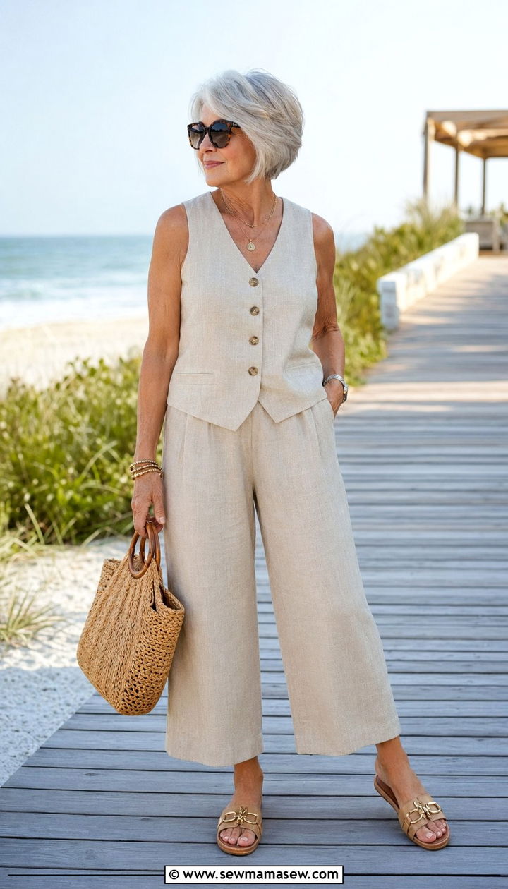 Linen Vest Over Tank with Cropped Wide Leg Pants - 35 Petite outfit ideas for women over 60