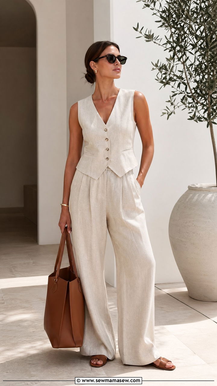 Linen Vest Top With Matching Wide Leg Trousers and Slides - 35 summer casual chic outfit ideas