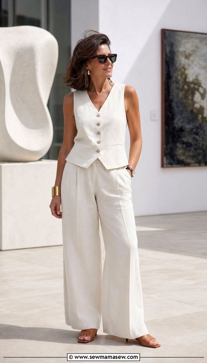 Linen Vest with Matching Wide Leg Trousers and Mules - 35 Resort wear outfit ideas for women over 40
