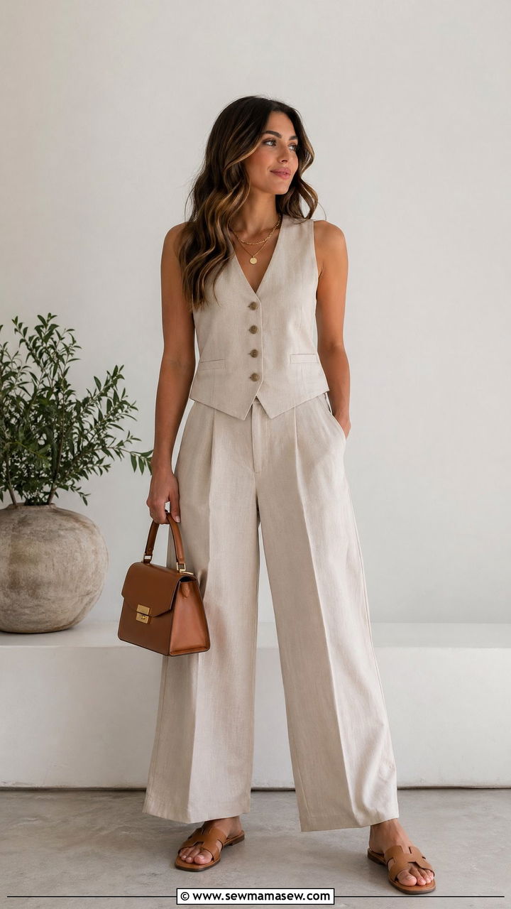 Linen Vest with Wide Leg Pants Spring Outfit - 35 Spring linen outfits