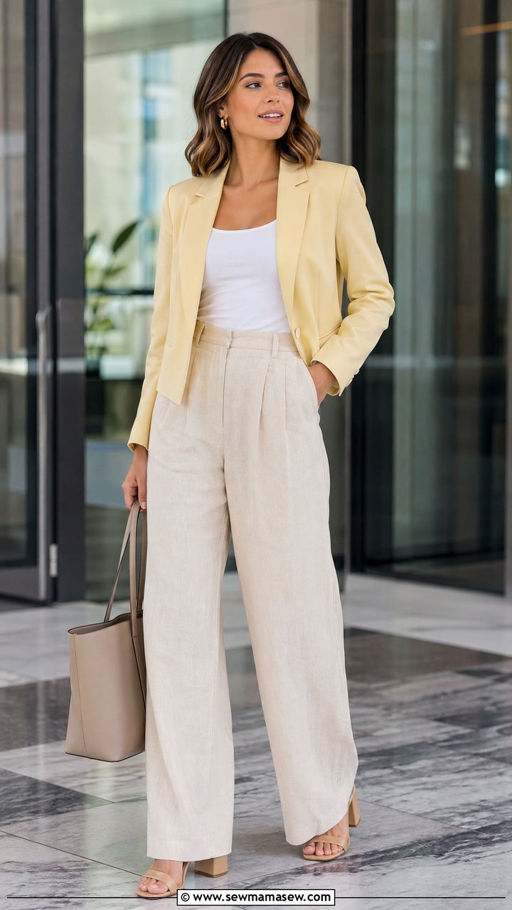 Linen Wide Leg Pants With Cropped Pastel Blazer - 35 spring outfit ideas for women