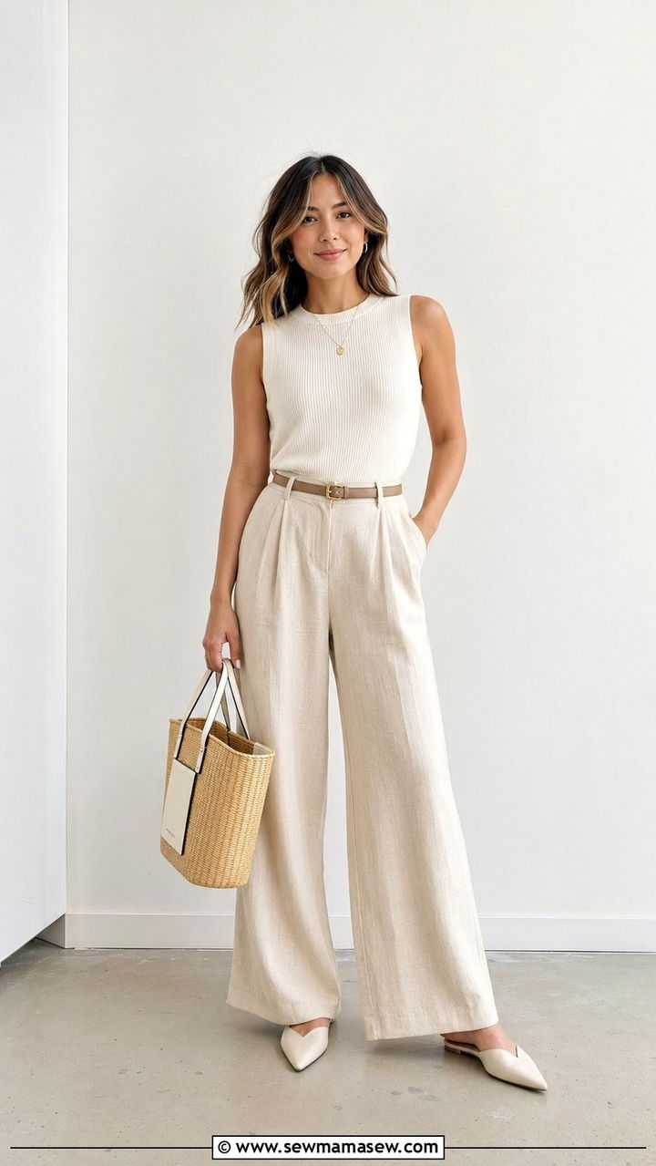 Linen Wide Leg Pants With Sleeveless Crew Neck - 30 Work outfits for petite women