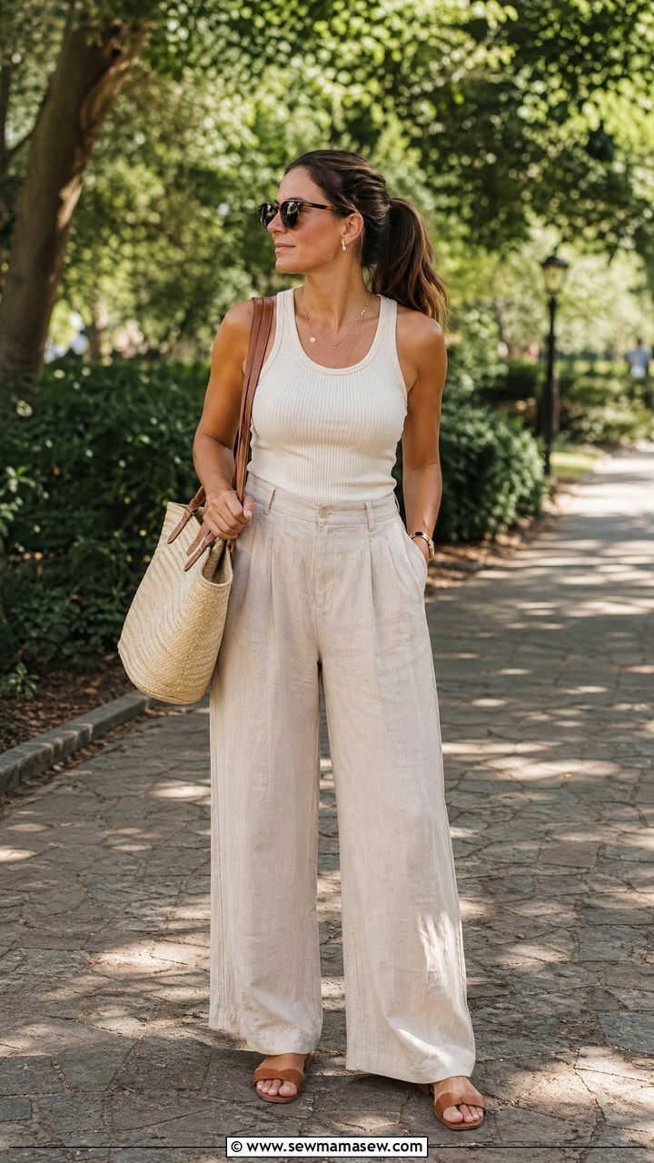 Linen Wide Leg Pants With Tank Top Summer Mom Outfit - 35 Summer mom outfit ideas
