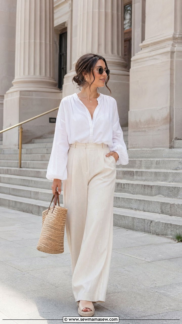 Linen Wide Leg Pants with Breezy Blouse - 35 Courthouse wedding guest outfits