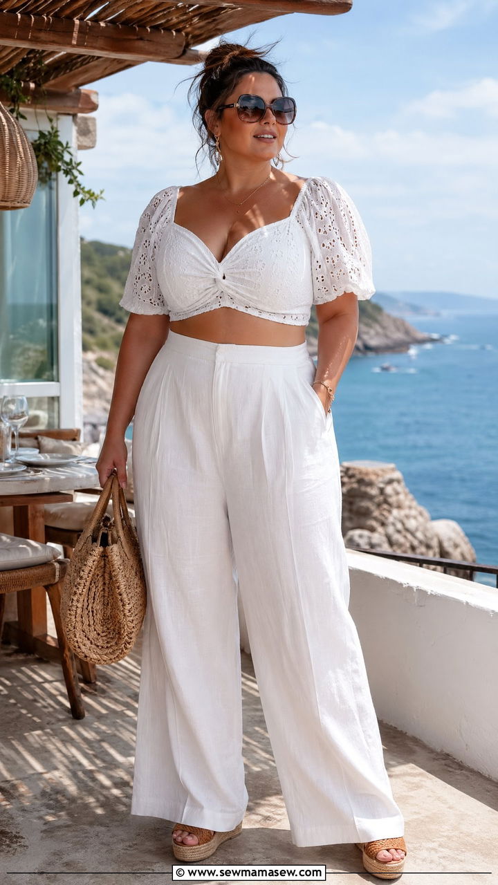 Linen Wide Leg Pants with Cropped Eyelet Top - 35 classy outfits for plus size women