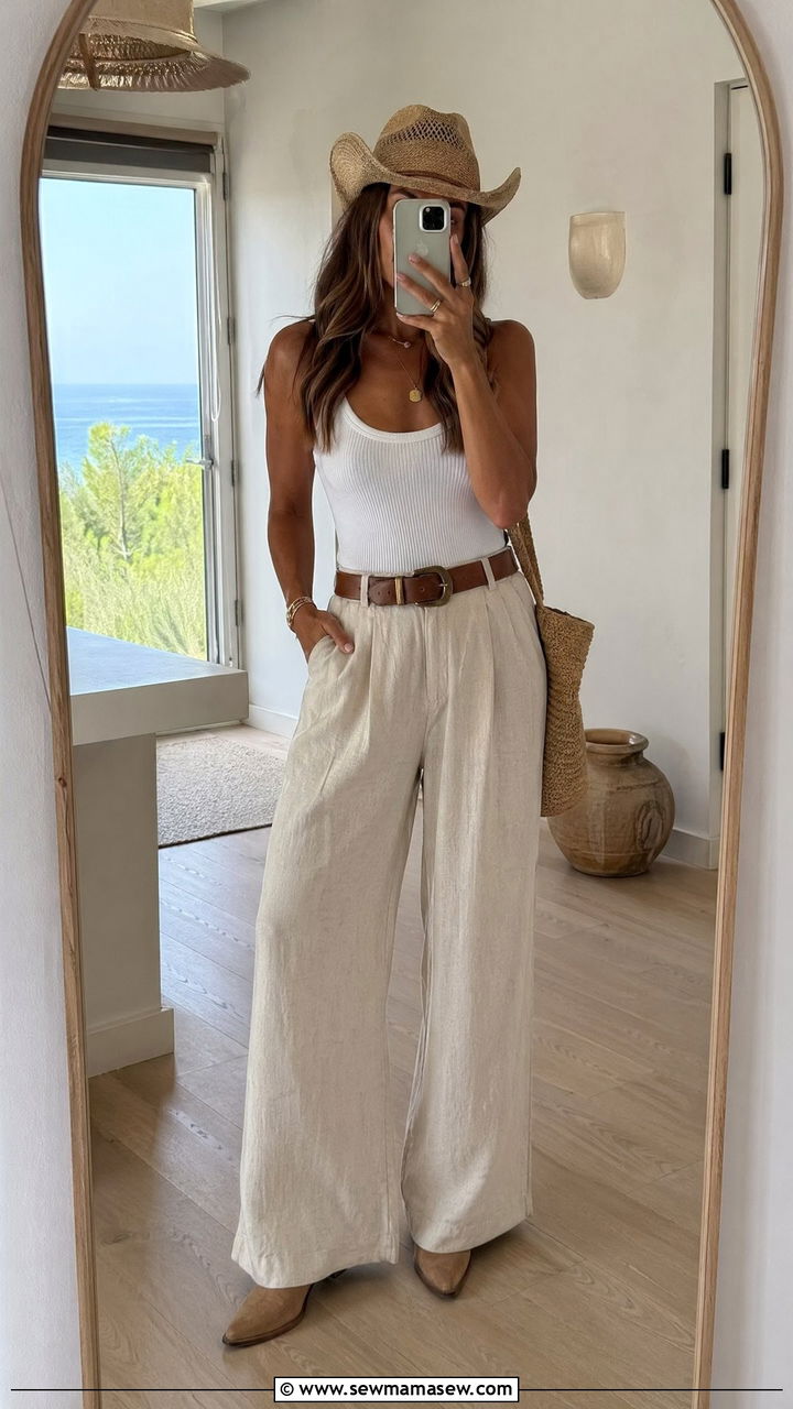 Linen Wide Leg Pants with White Tank and Straw Cowboy Hat - 35 coastal cowgirl outfits for women
