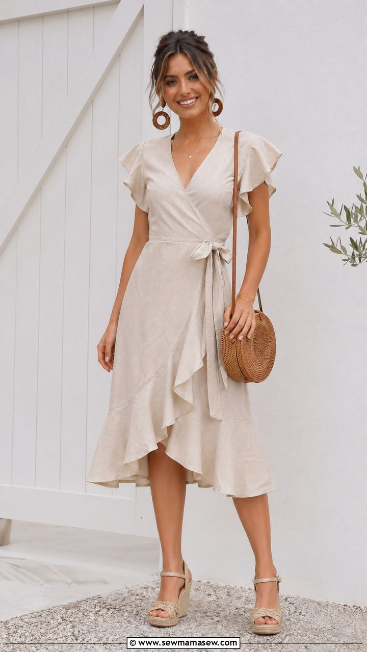 Linen Wrap Dress Cottagecore Wedding Guest Look - 35 Cottagecore wedding guest outfits