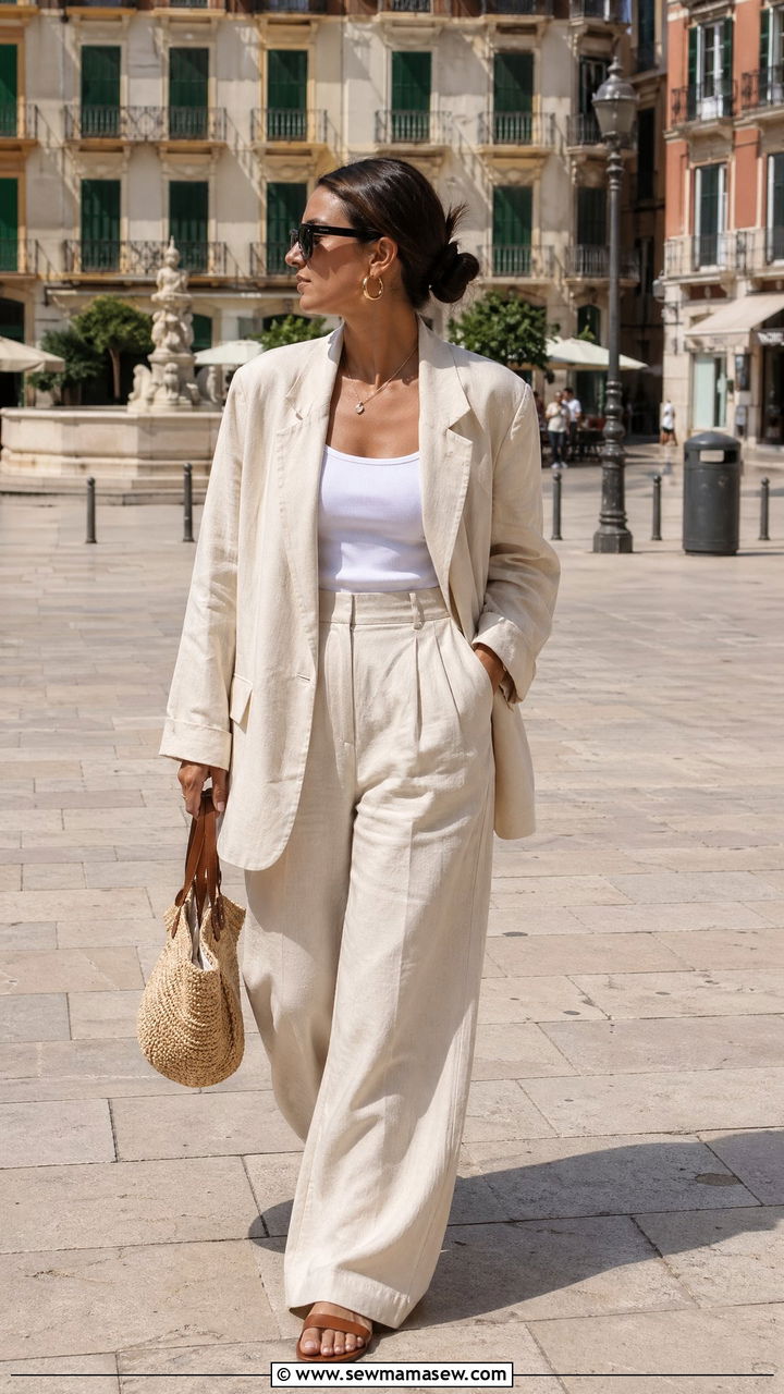 Linen blazer and matching wide leg trousers outfit - 35 Summer work outfits