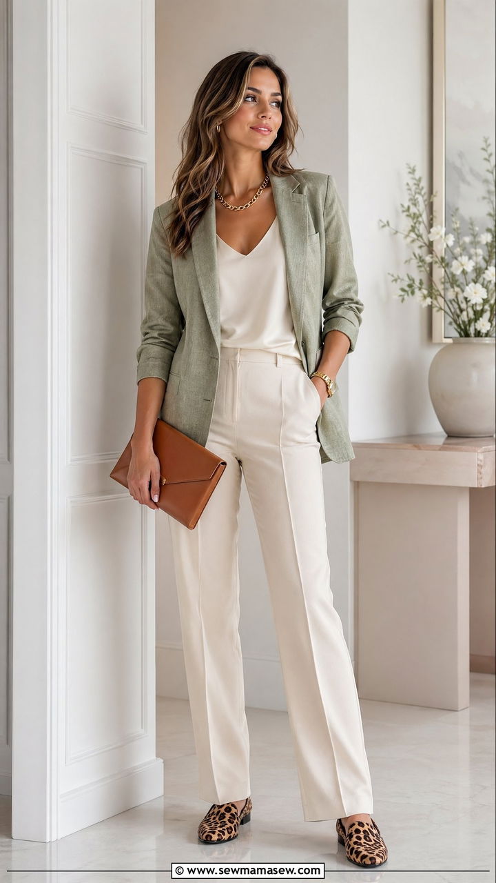Linen blazer with silk tank and tailored trousers - 35 spring smart casual outfit ideas