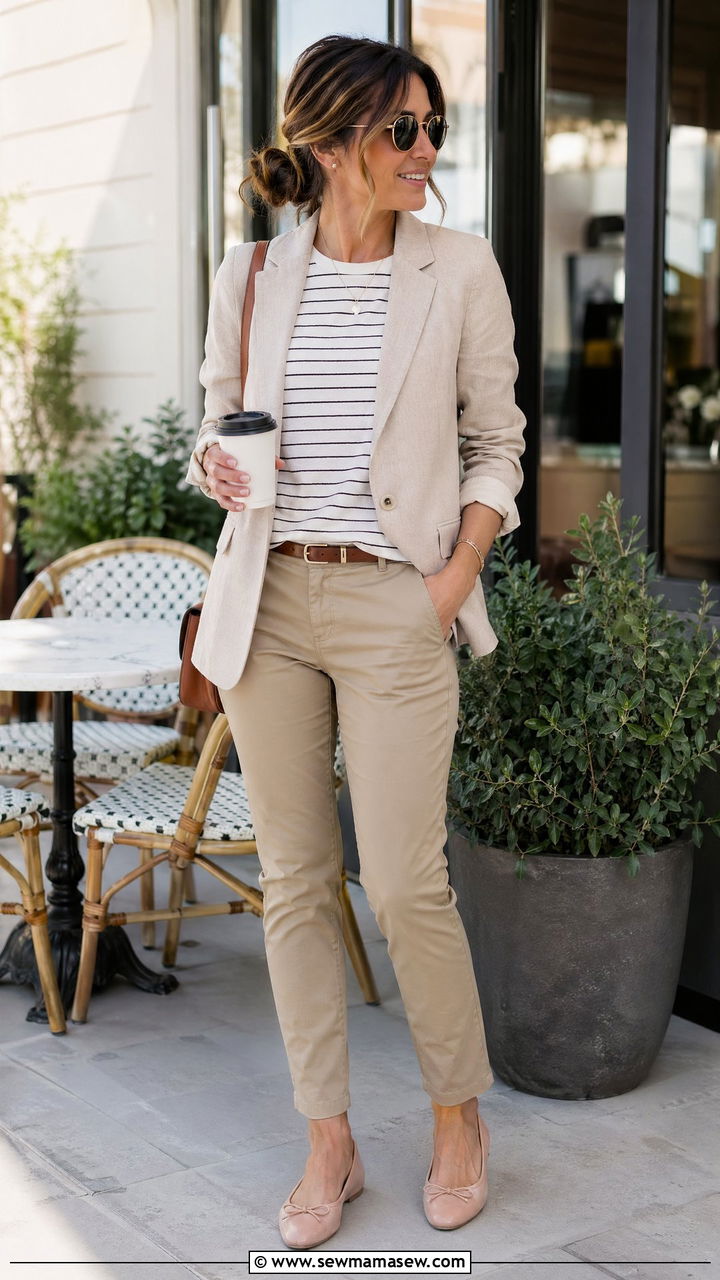 Linen blend blazer with chinos and ballet flats - 35 Spring business casual outfits for women