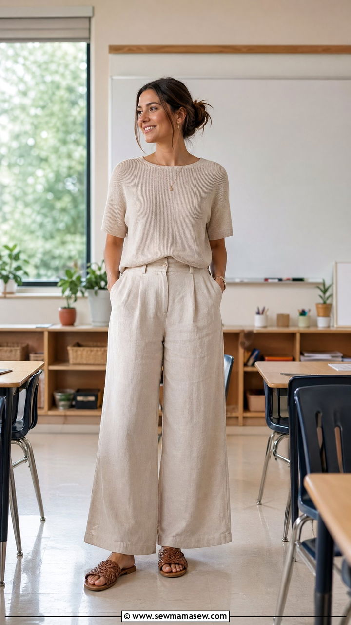 Linen blend trousers with lightweight knit - 35 Teacher outfits for spring