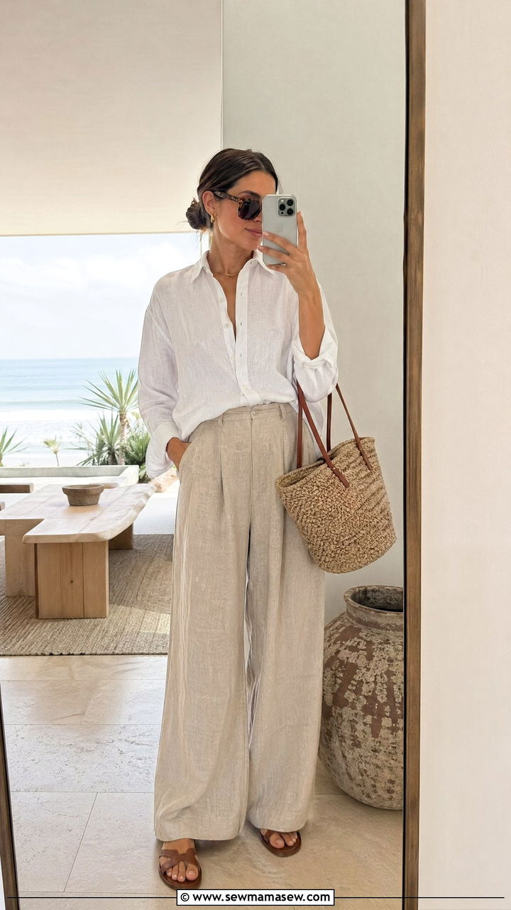 Linen button down and wide leg trousers - 35 Summer closet must haves