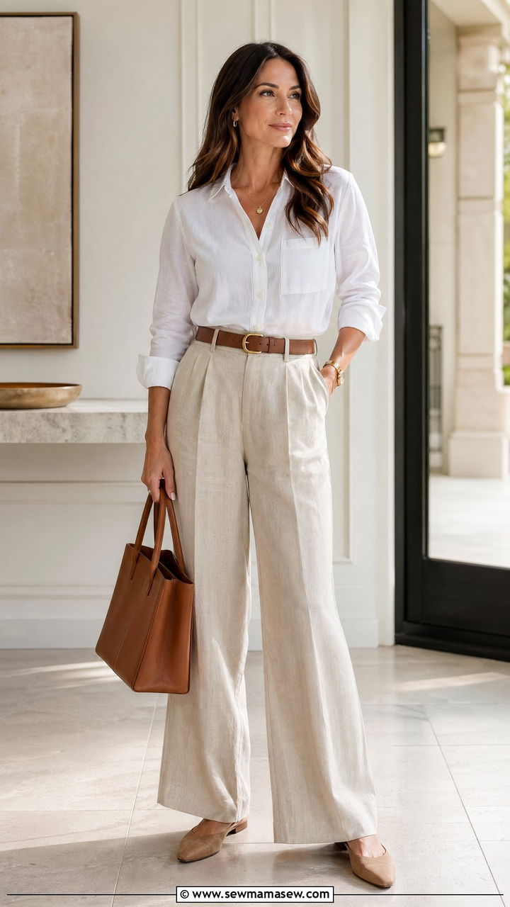Linen button down and wide leg trousers outfit - 35 Summer outfit ideas for mom