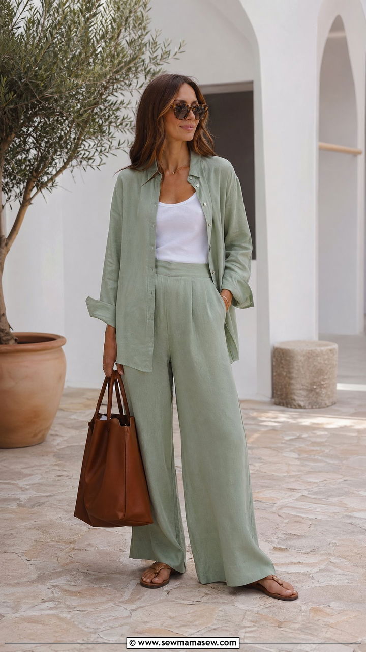 Linen button down and wide leg trousers outfit - 35 summer comfy outfit ideas