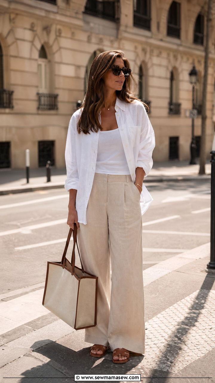 Linen button down shirt and wide leg pants outfit - 35 summer vacation outfit ideas