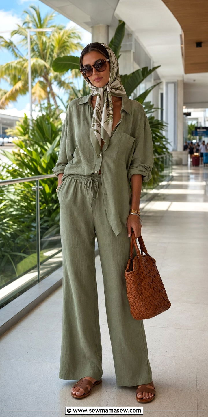 Linen co ord and slides with a silk headscarf - 30 Airport outfit ideas with a scarf