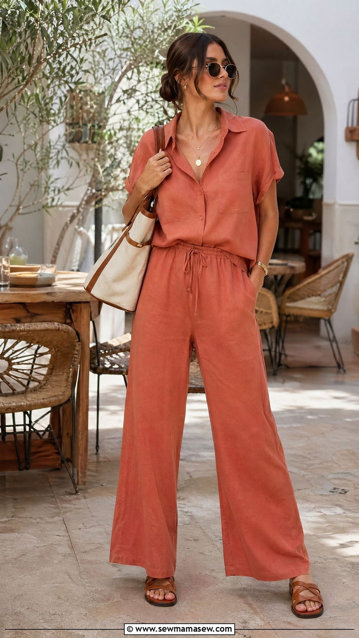 Linen co ord set with flat sandals outfit - 35 summer comfy outfit ideas
