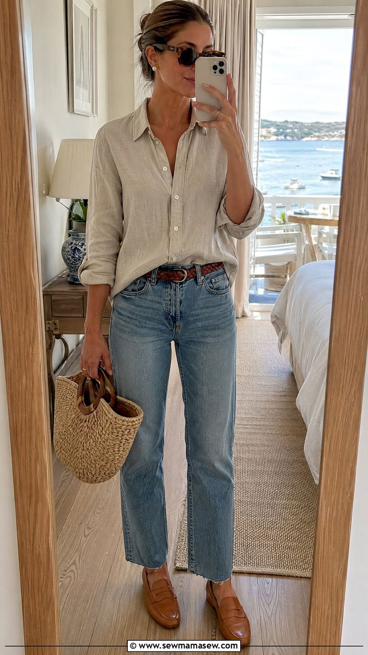 Linen collared shirt and straight leg jeans coastal grandmother look - 35 coastal grandmother outfits ideas